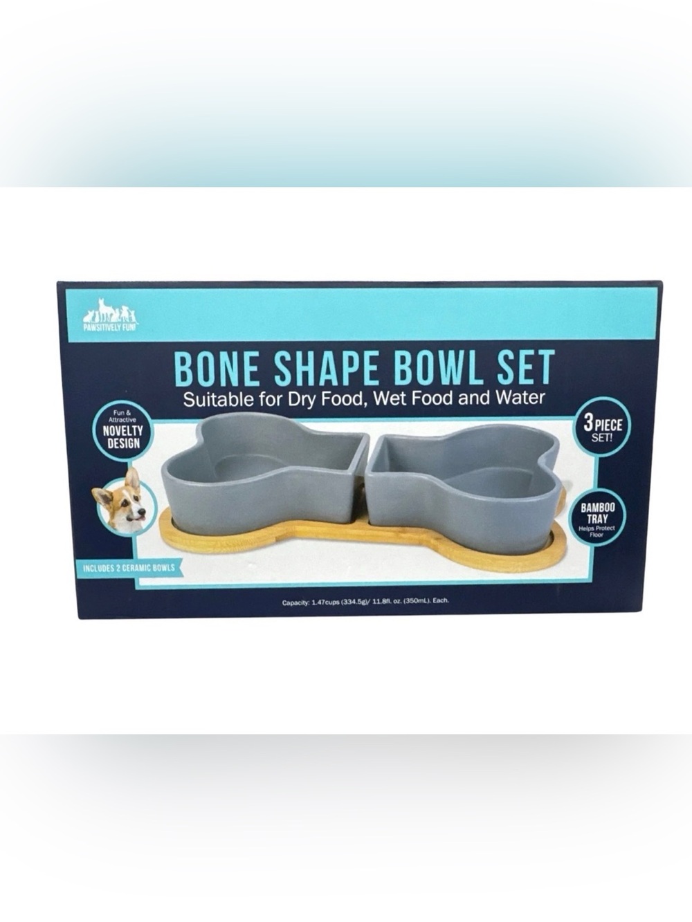 Grey Bone Shape Pet Bowl Set with Bamboo Tray - Suitable for Food & Water